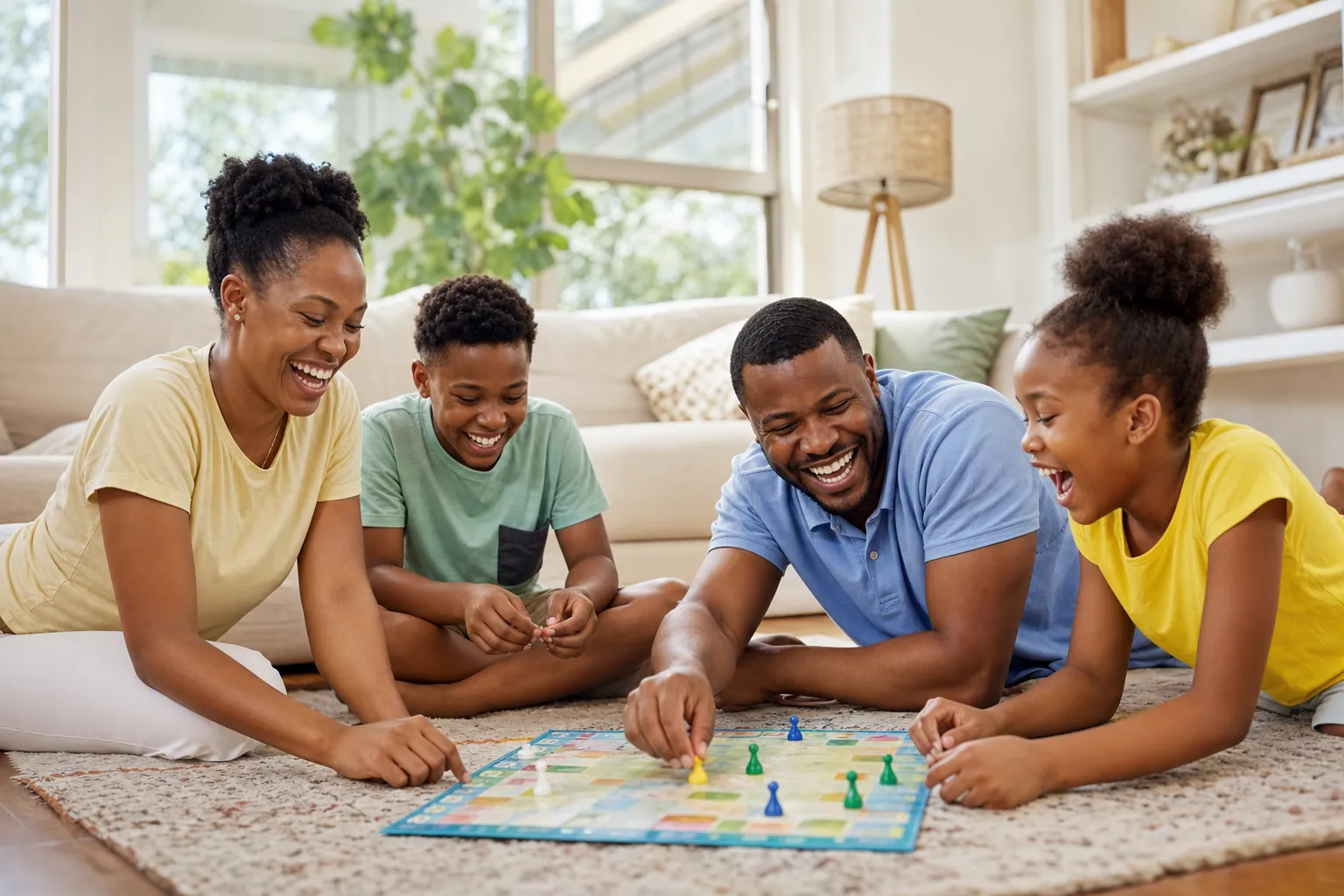 A family of four laughing together over a board game