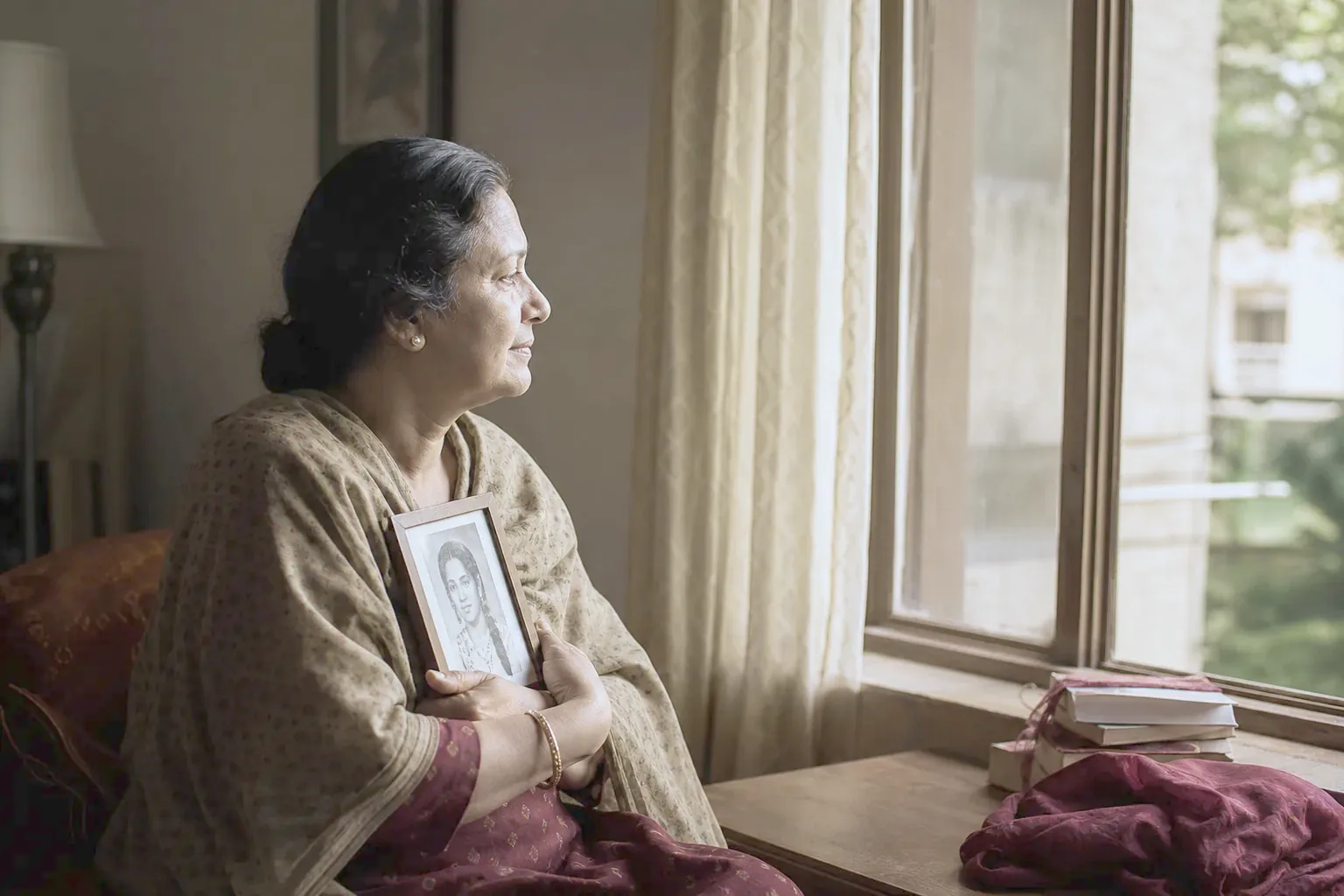 An older woman holding a framed photograph against her chest by a window