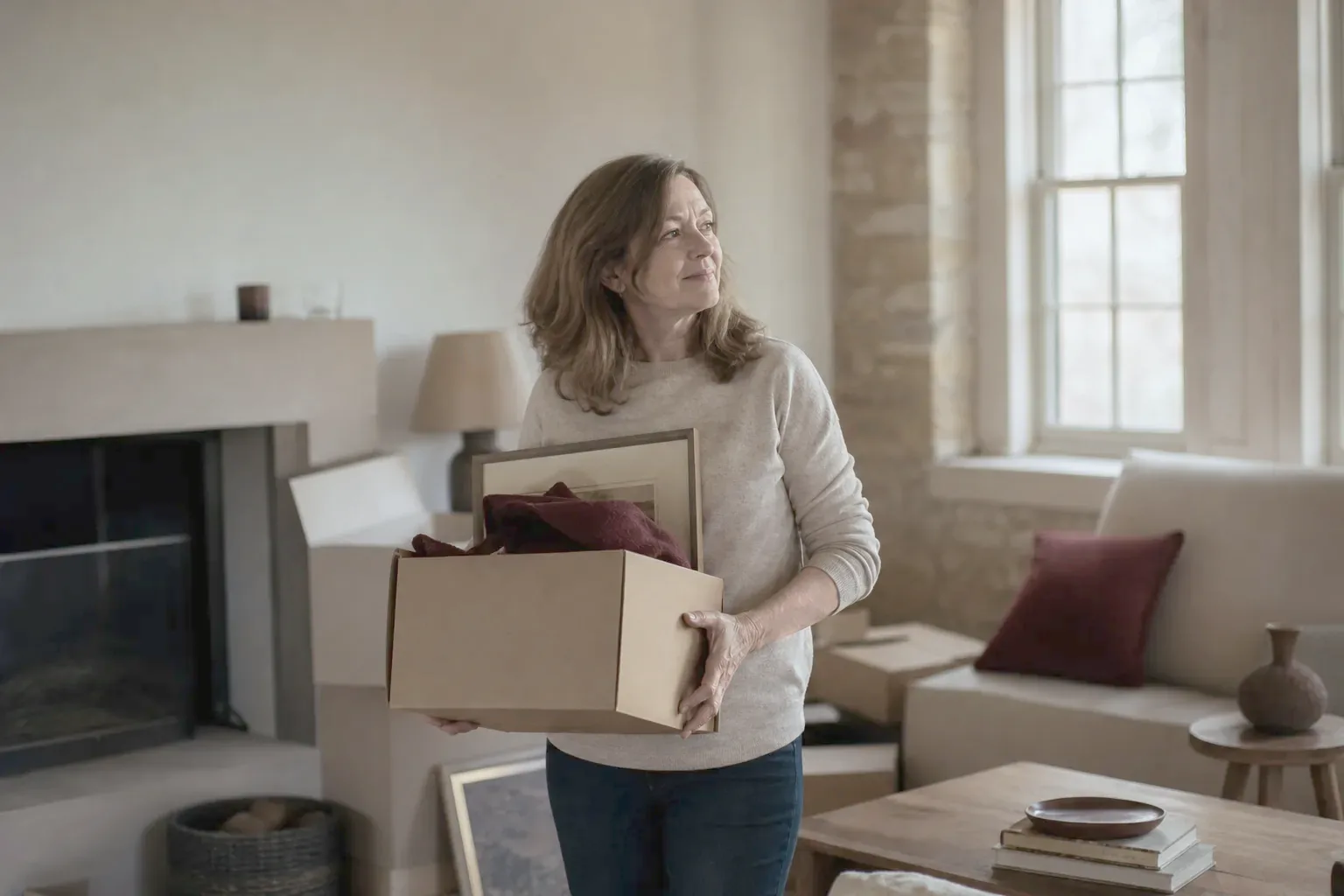 A woman standing in a half-packed living room