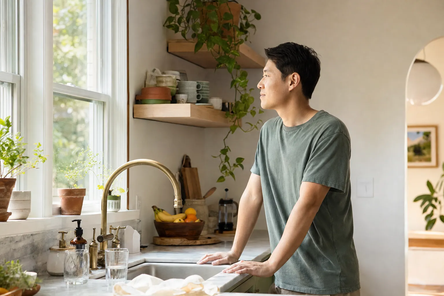 A man pausing at a bright kitchen sink