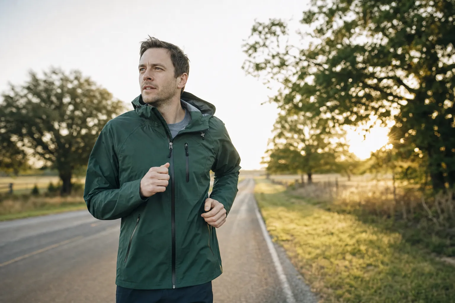 A man jogging on a quiet country road at sunrise