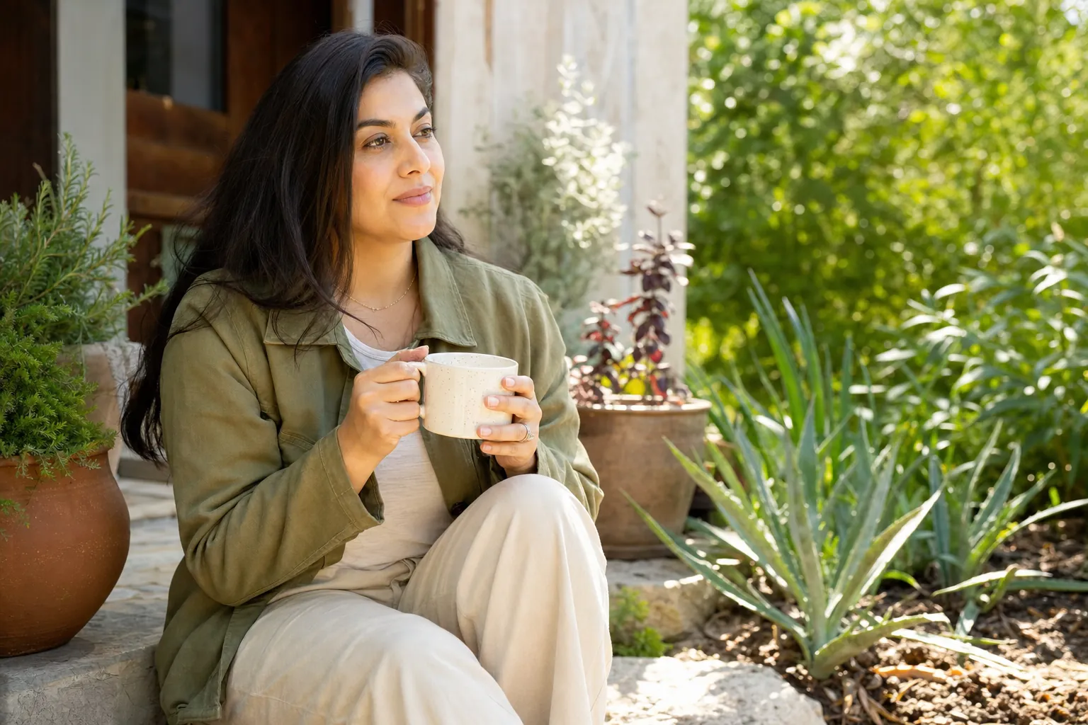 A woman sitting on a sunny garden step with a cup of tea