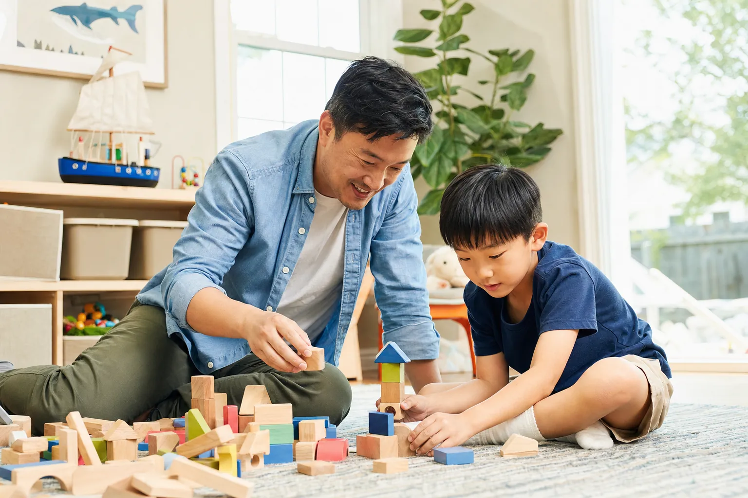 A father and young son building with blocks on a playroom floor