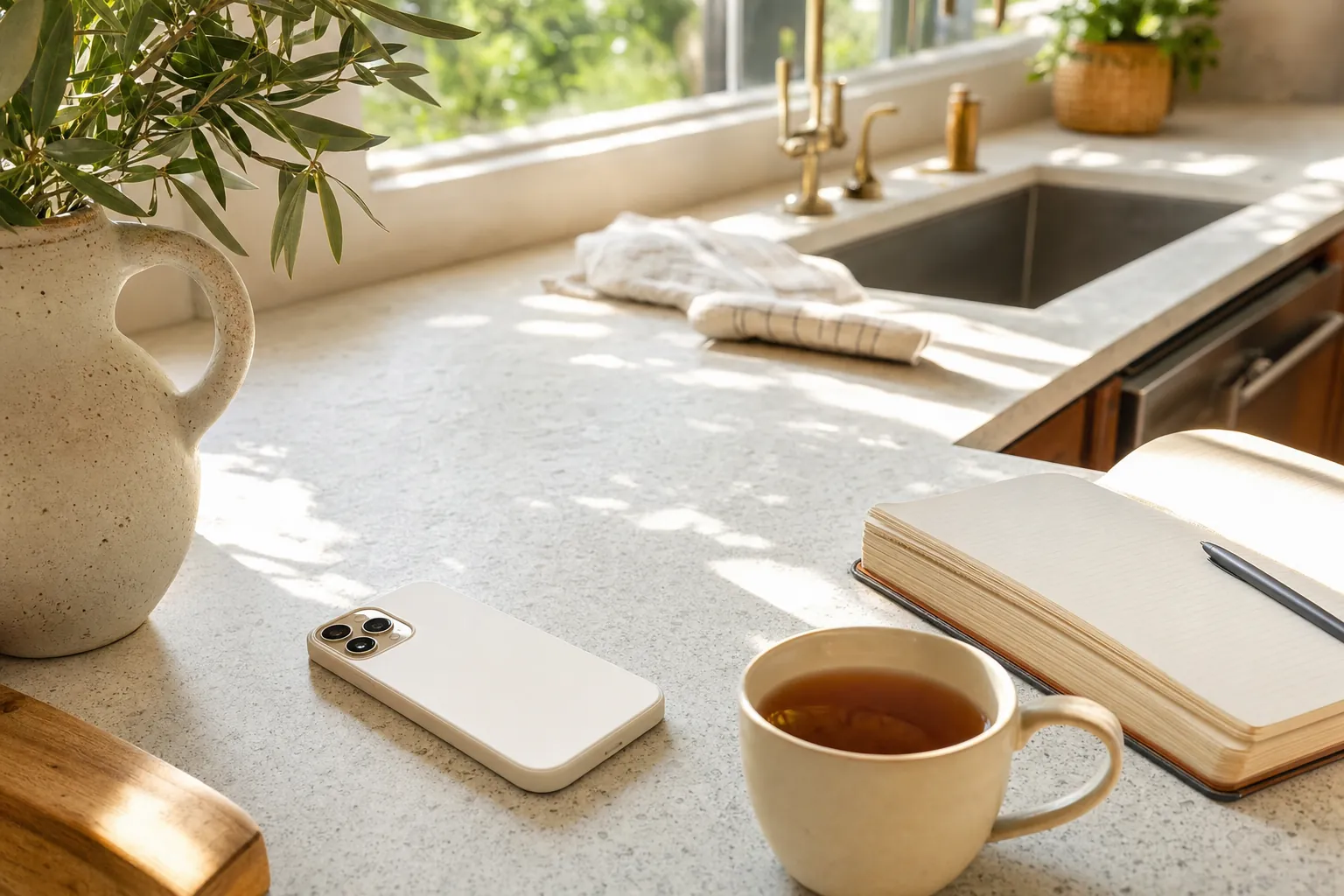 A phone face down on a kitchen counter beside tea and a journal