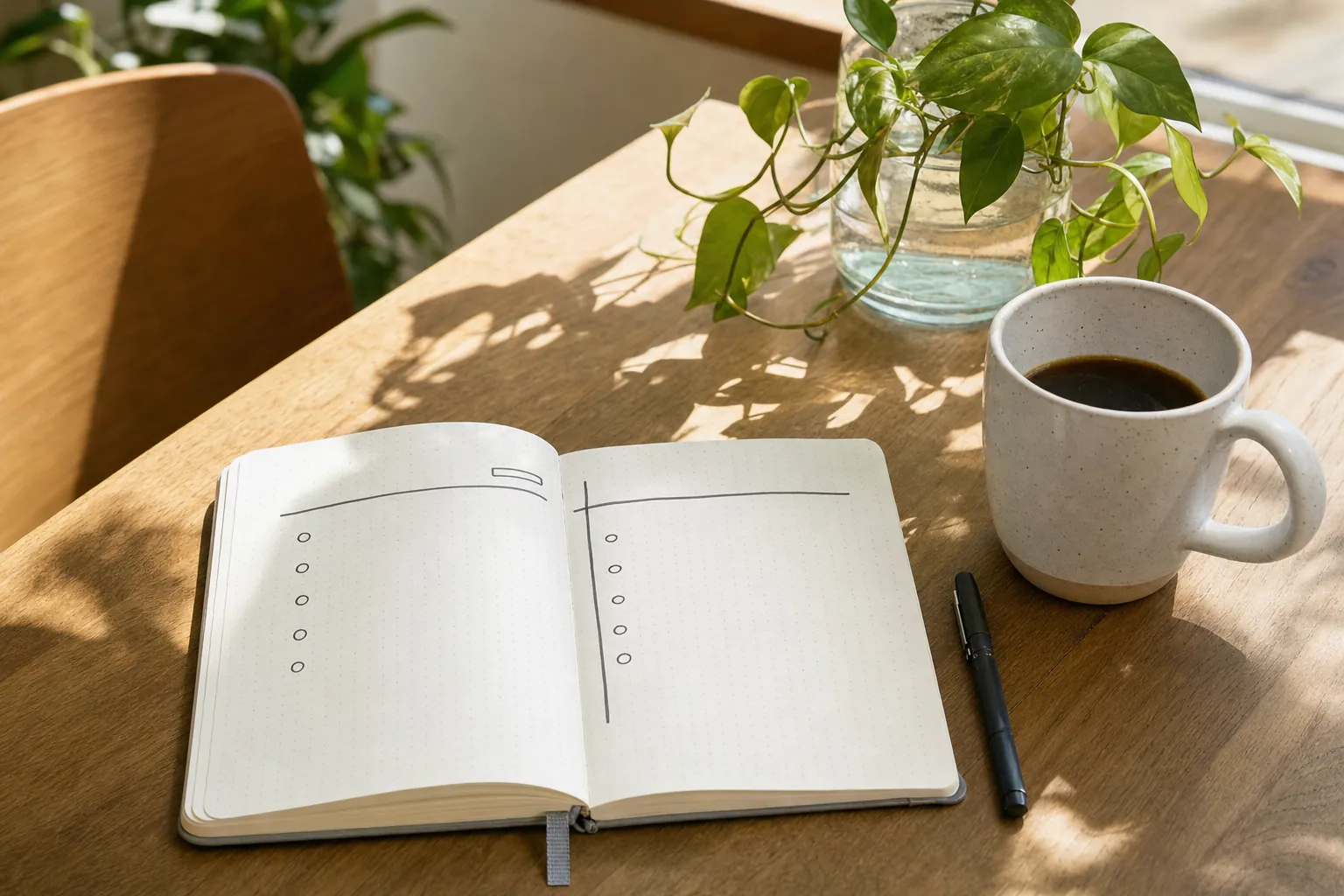 An open notebook with a worksheet, a pen and coffee on a sunny table