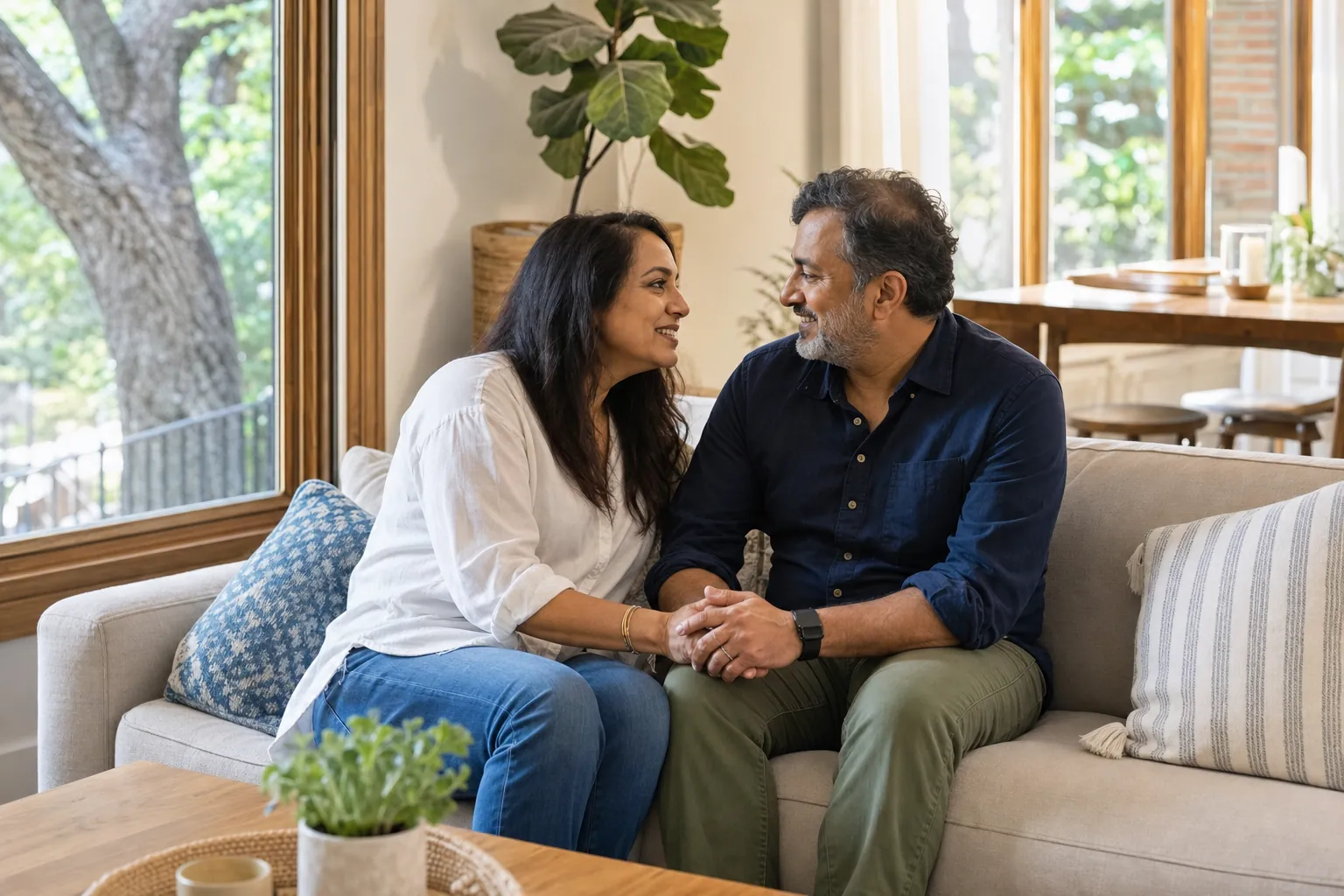 A couple sitting knee to knee holding hands on a sofa