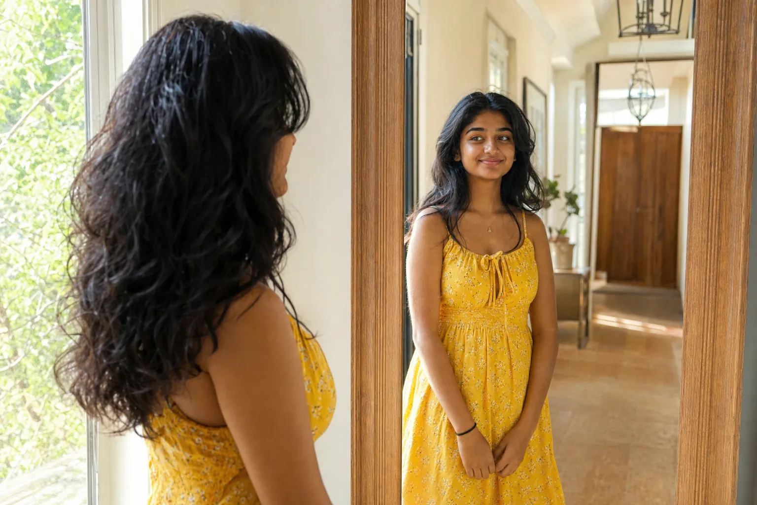 A teenage girl looking at her reflection in a hallway mirror