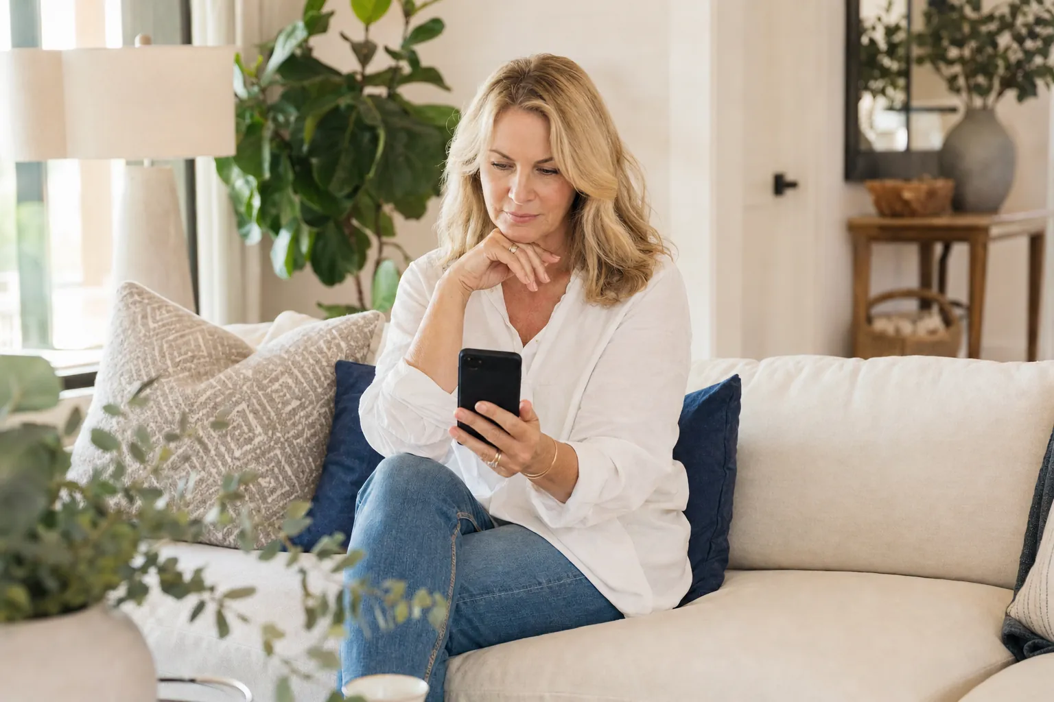 A woman looking at her phone on a sofa in a bright living room