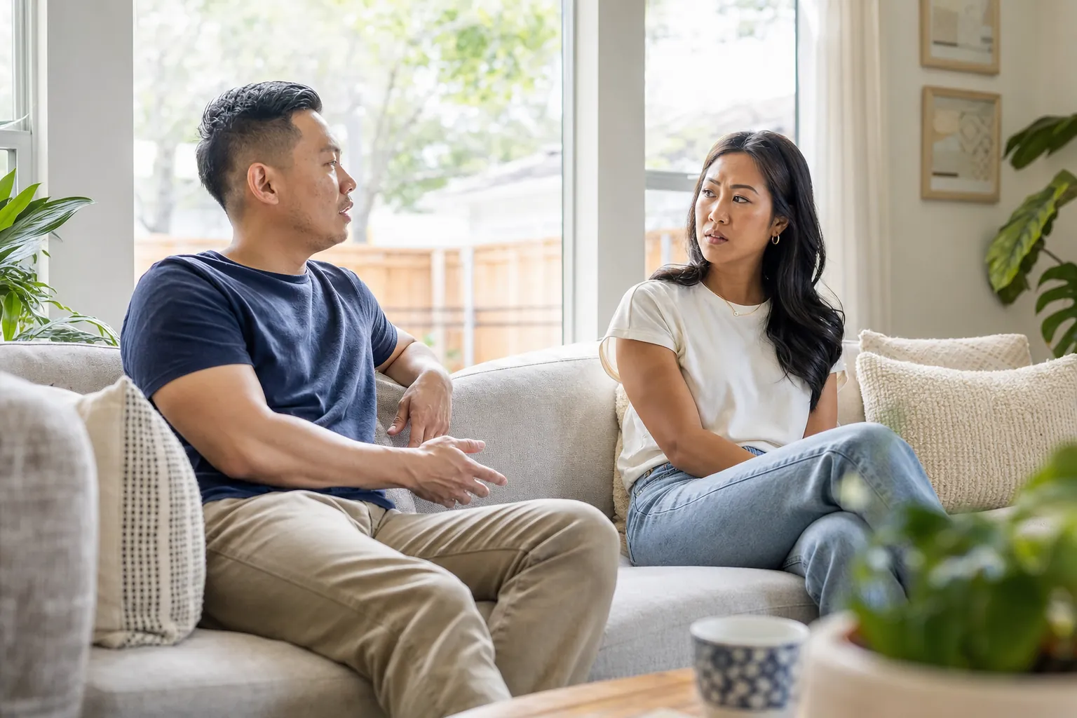 A couple in a serious conversation on a sofa