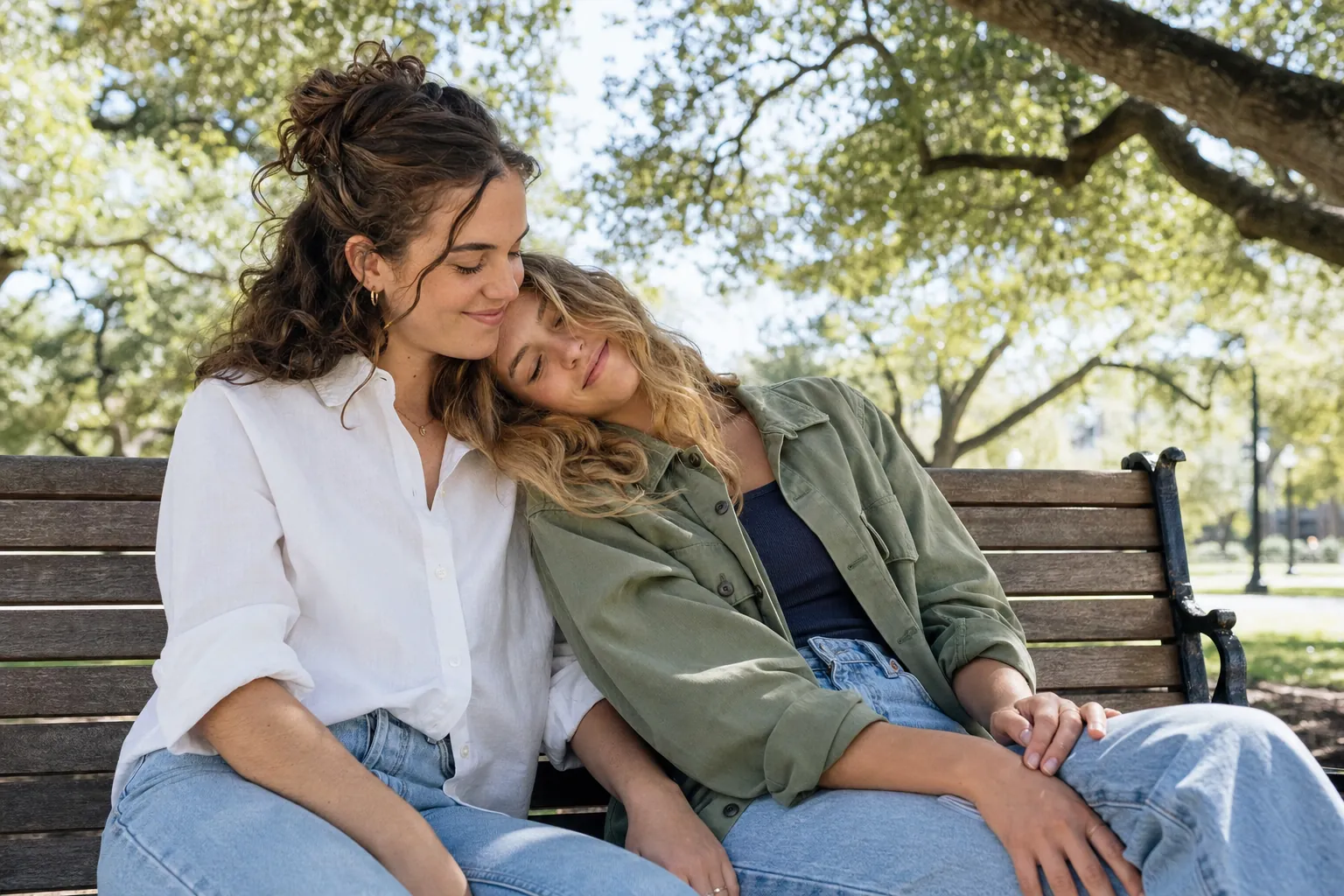 Two young women sitting close together on a park bench