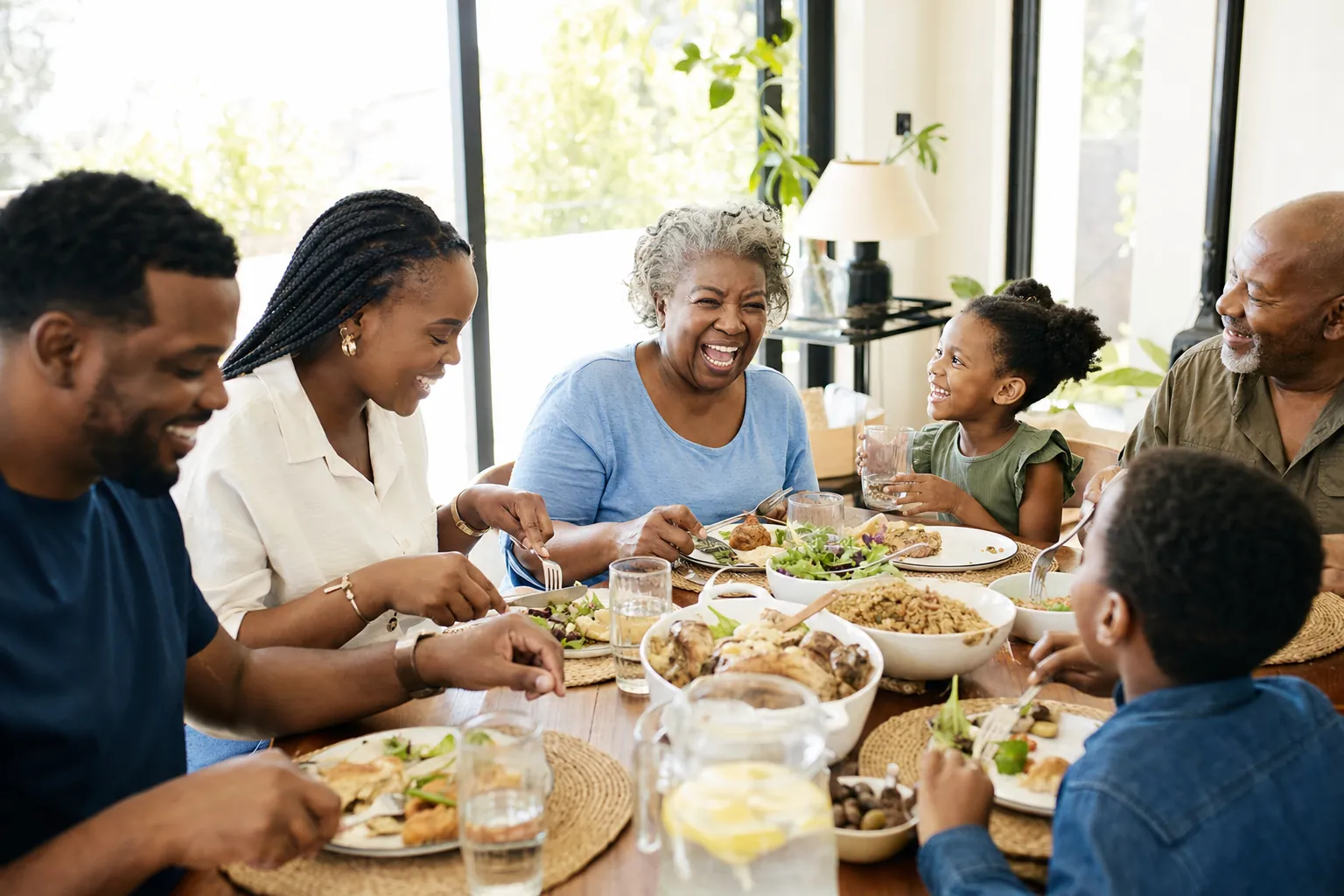A multigenerational family sharing a meal at a bright table