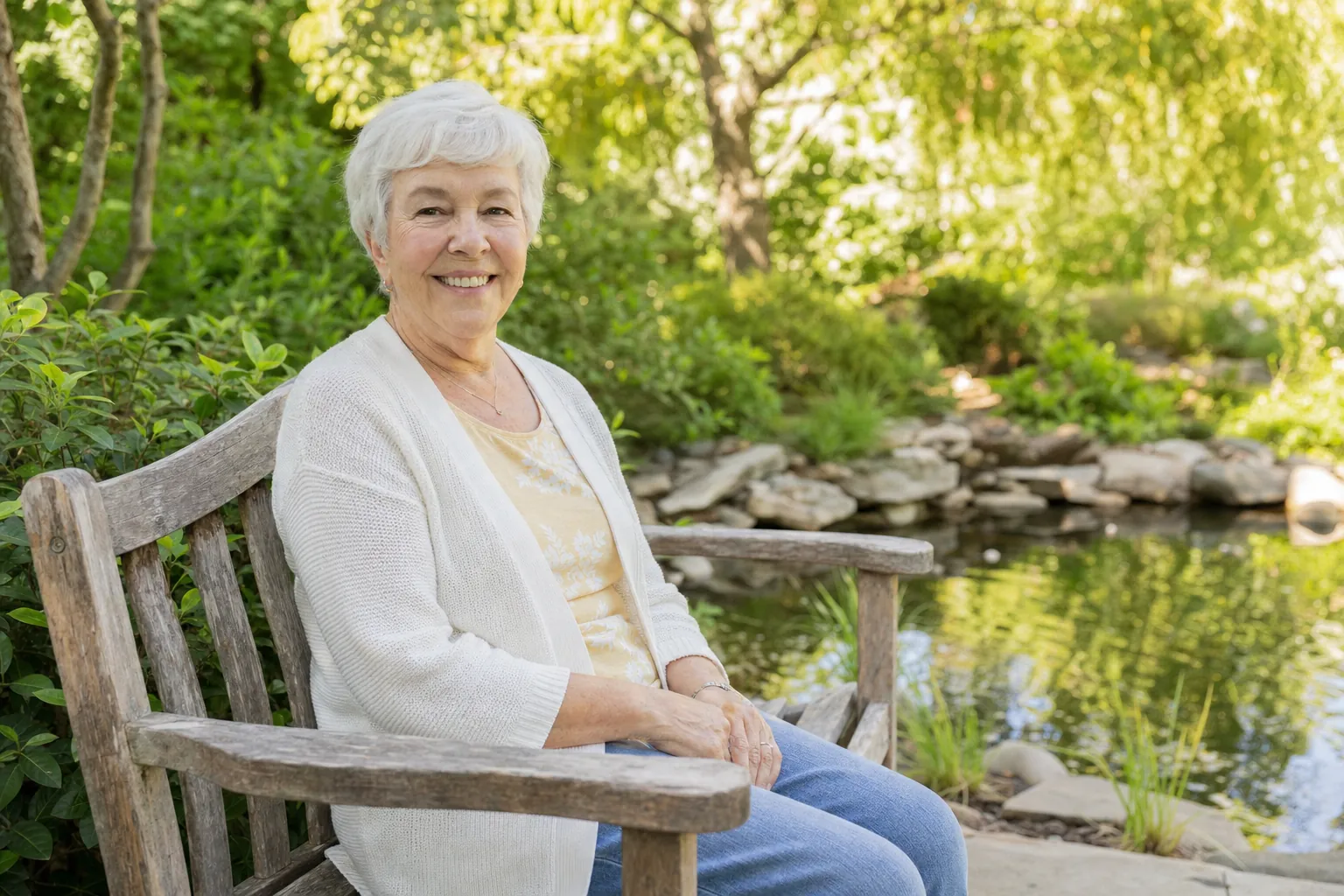 An older woman smiling on a garden bench beside a pond
