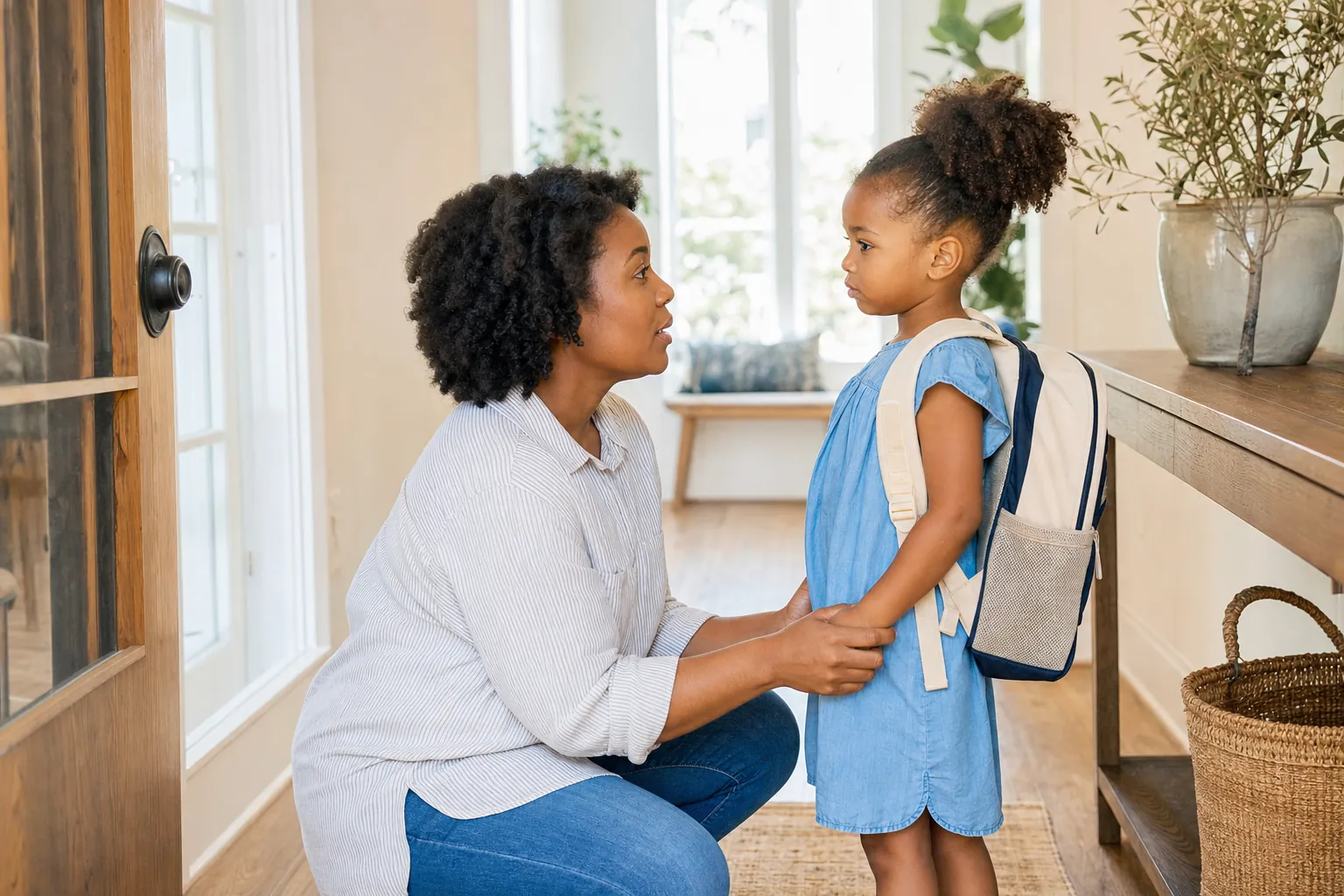 A mother kneeling to talk with her young daughter in a hallway
