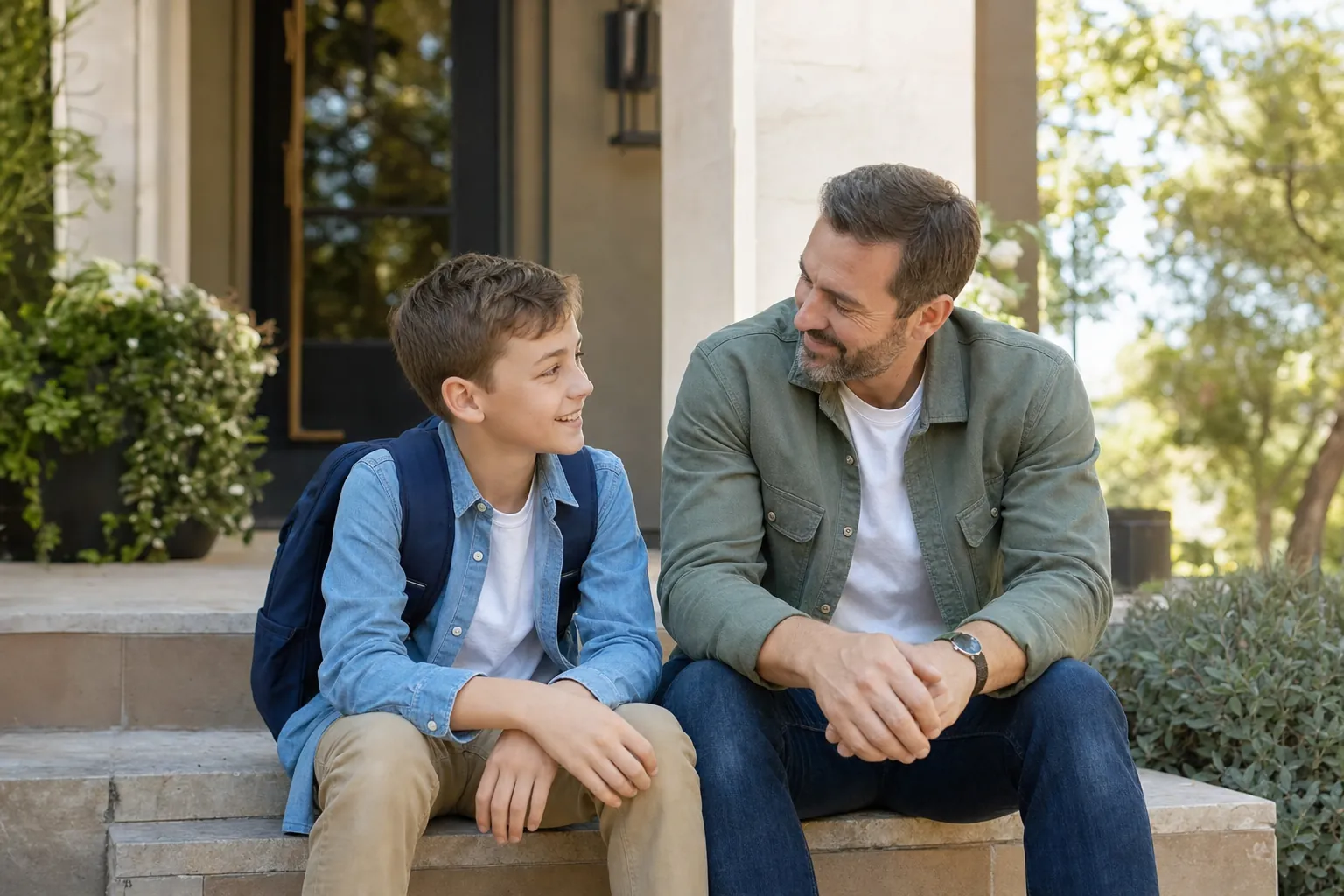 A boy with a backpack sitting on the front steps with his father