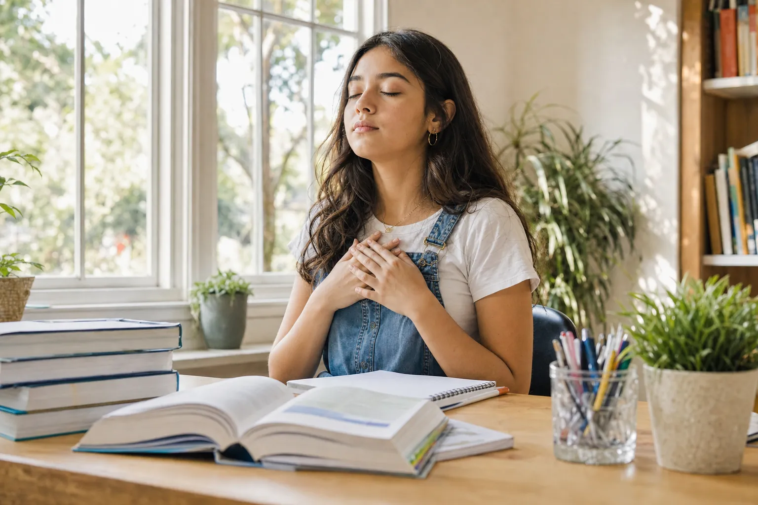 A teenage girl pausing at a desk full of textbooks
