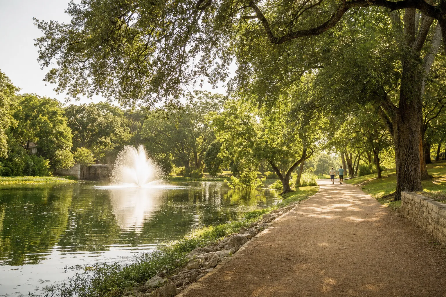 A sunlit lakeside walking trail with a fountain and live oaks