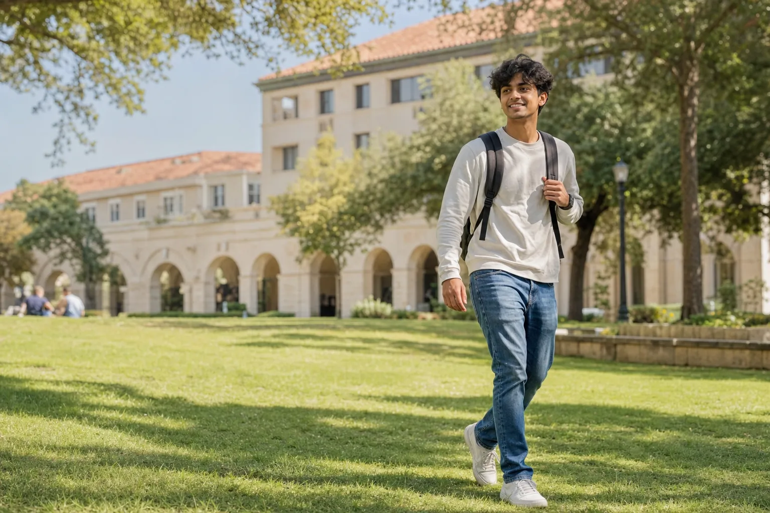A college student walking across a sunny campus lawn