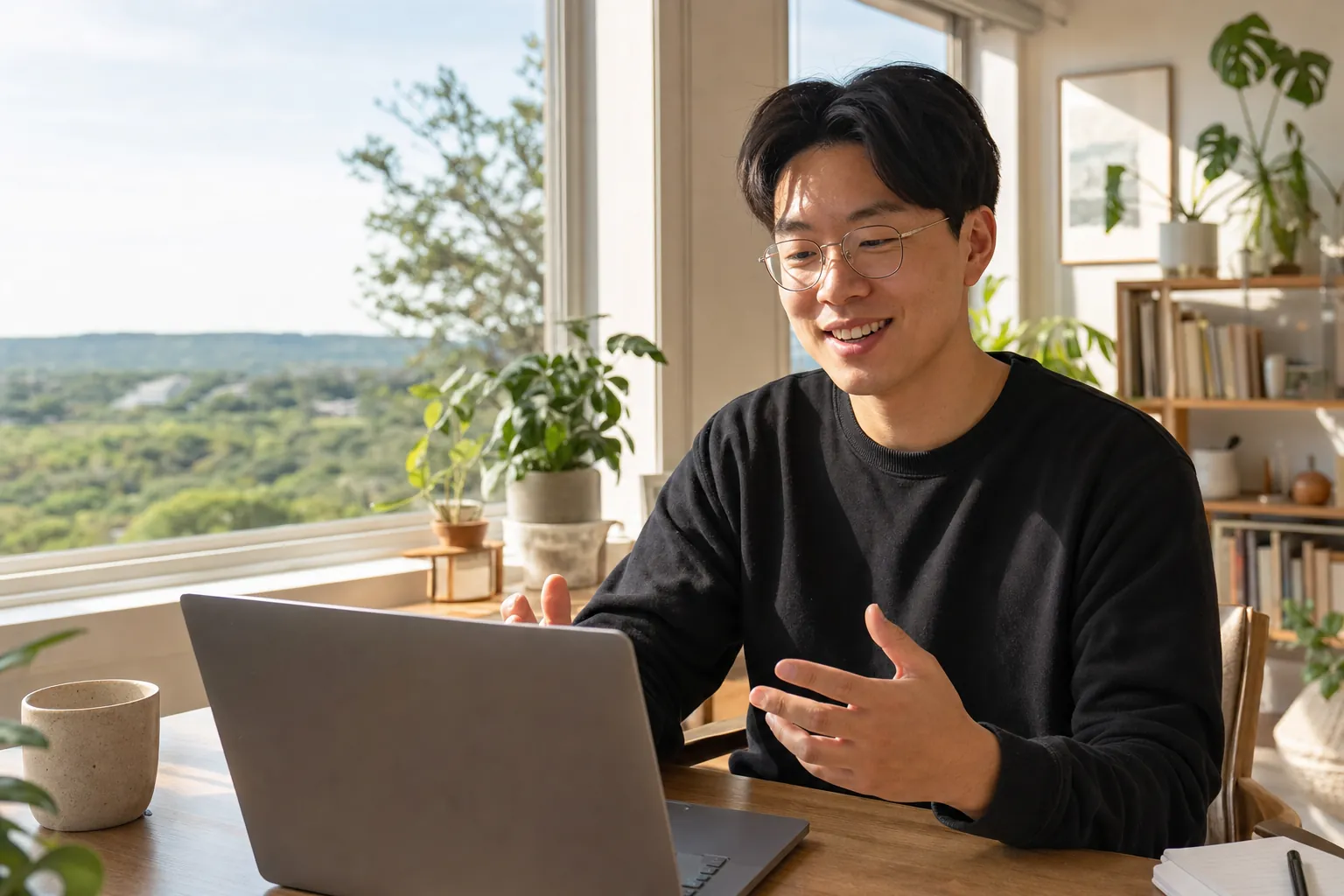 A young man on a video call at a bright apartment desk with a hill view