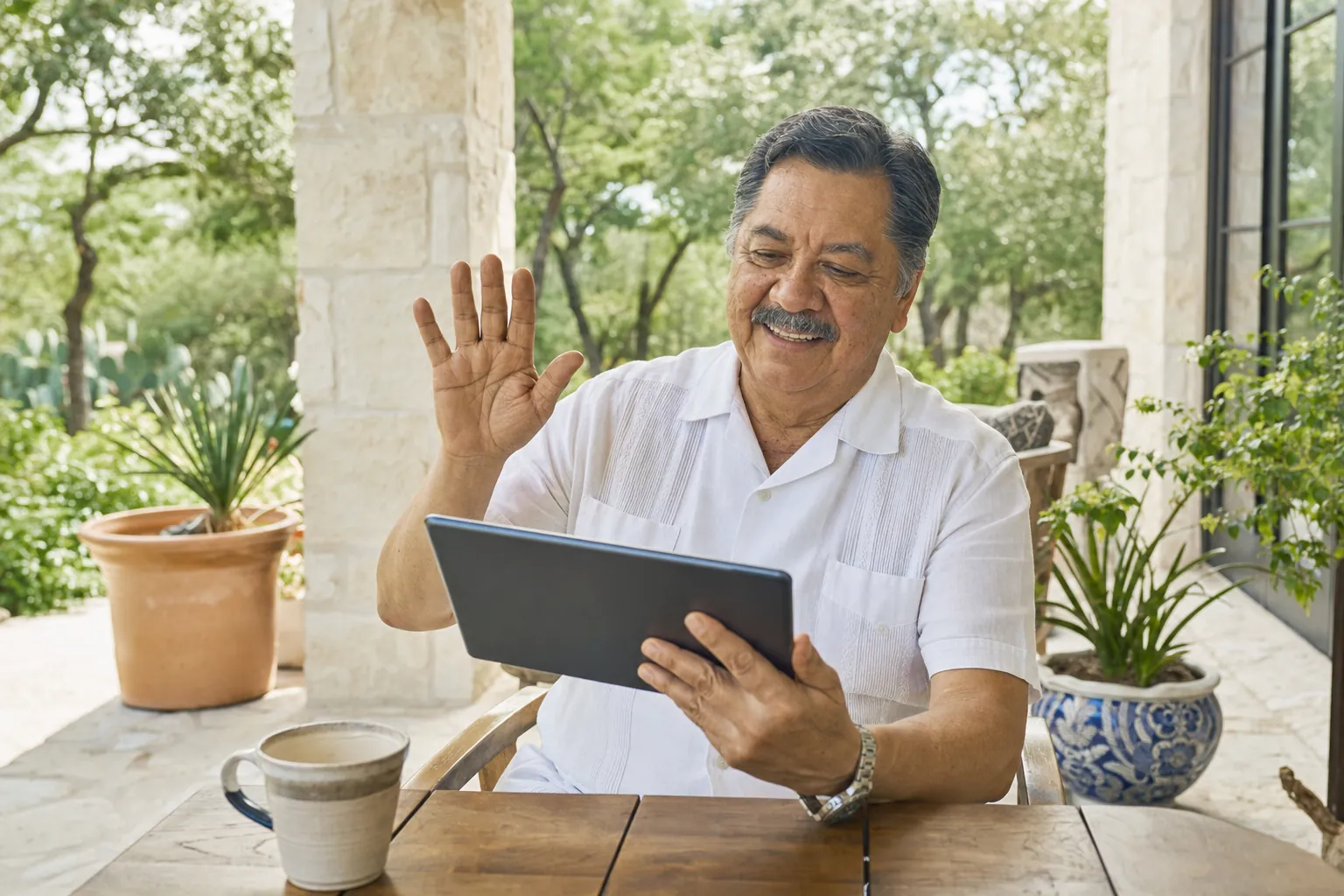 An older man on a tablet video call on a shaded stone patio