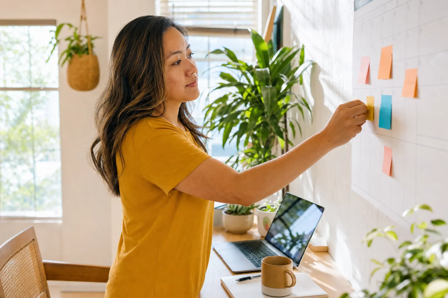 A woman organizing color-coded sticky notes at a sunny desk