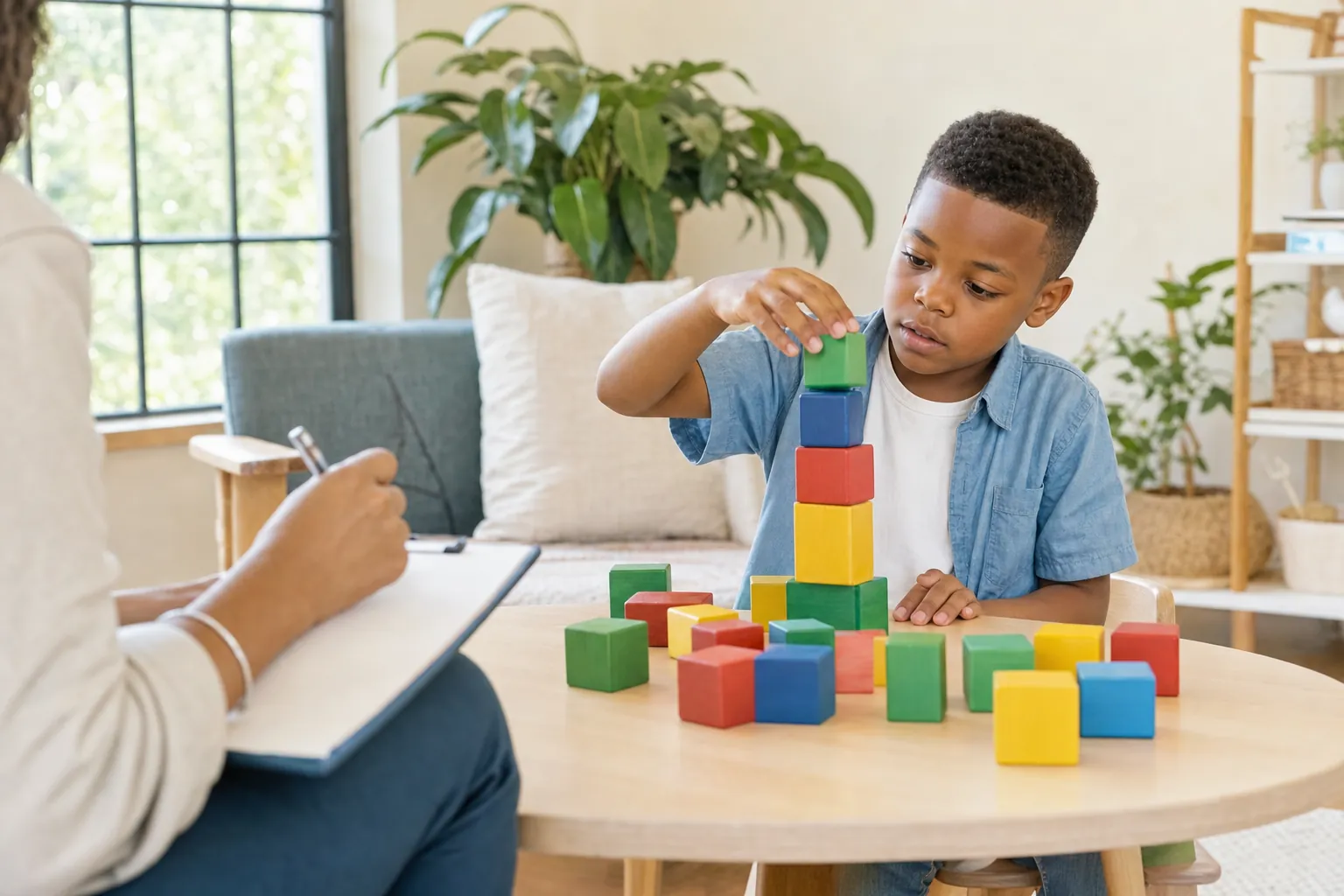 A young boy stacking colored blocks at a small table