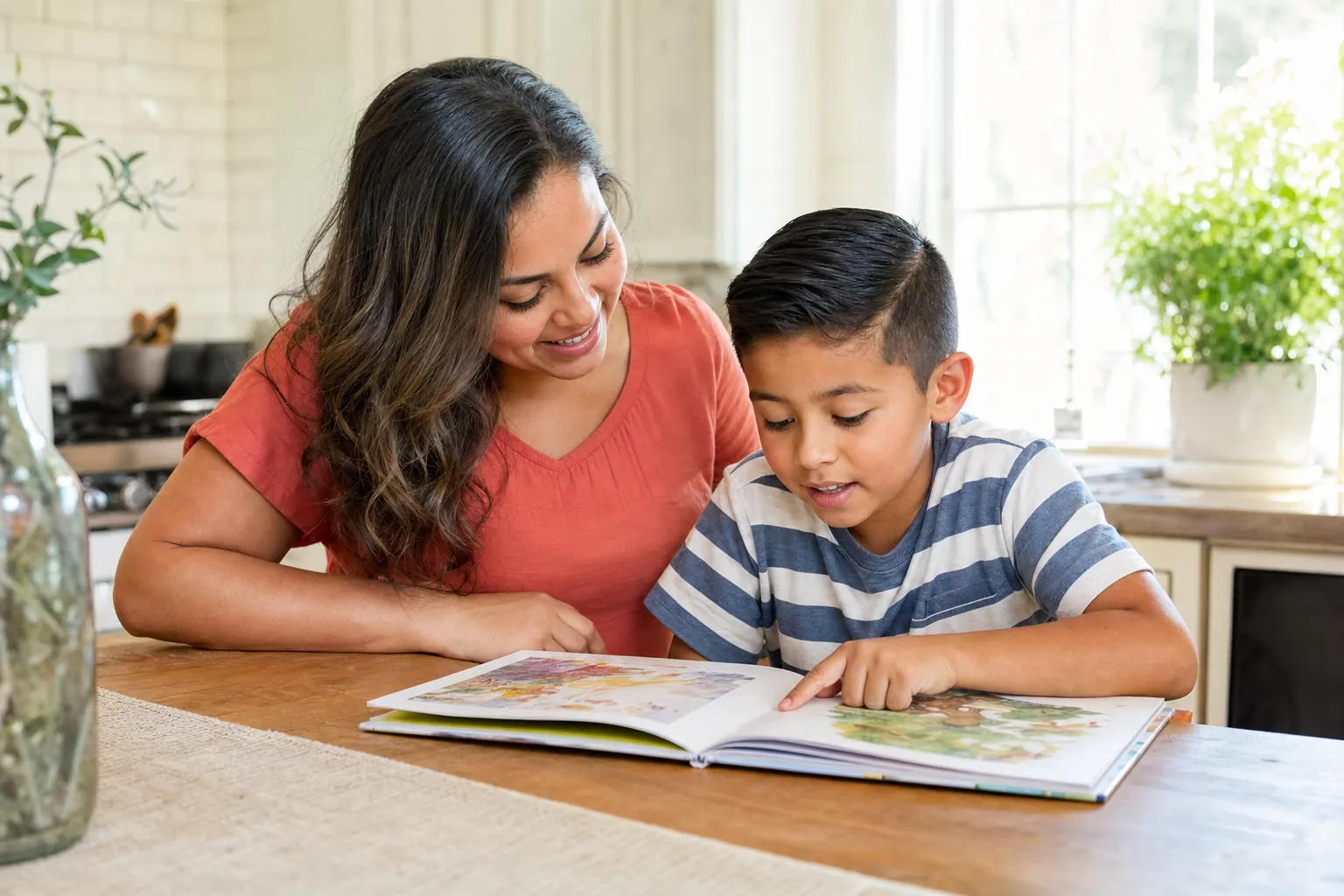 A mother and son reading a picture book together at a kitchen table