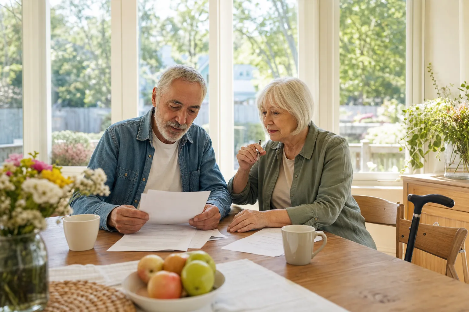 An older couple going over papers at a sunny breakfast table