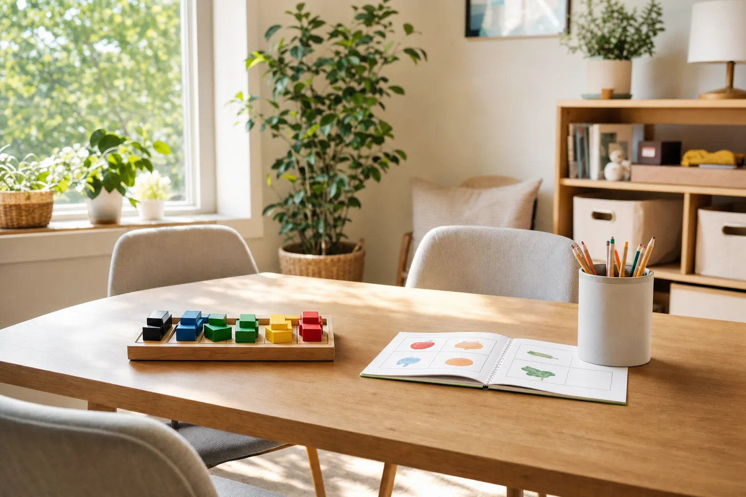 A bright table set with colored blocks and a picture booklet